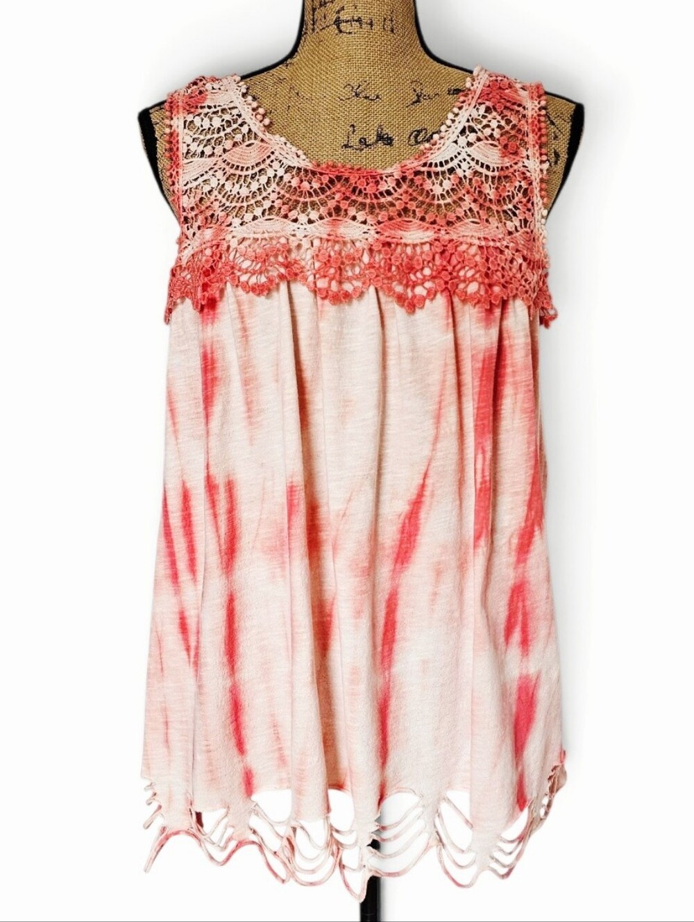 Sundance Boho Pink Tie-Dye Crochet Lace 100% Cotton Sleeveless Tank Top, Size L